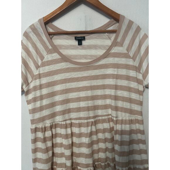 Torrid Peplum Tee Shirt Tan White Striped Babydoll Top Short Sleeve Casual 1X - Picture 2 of 10